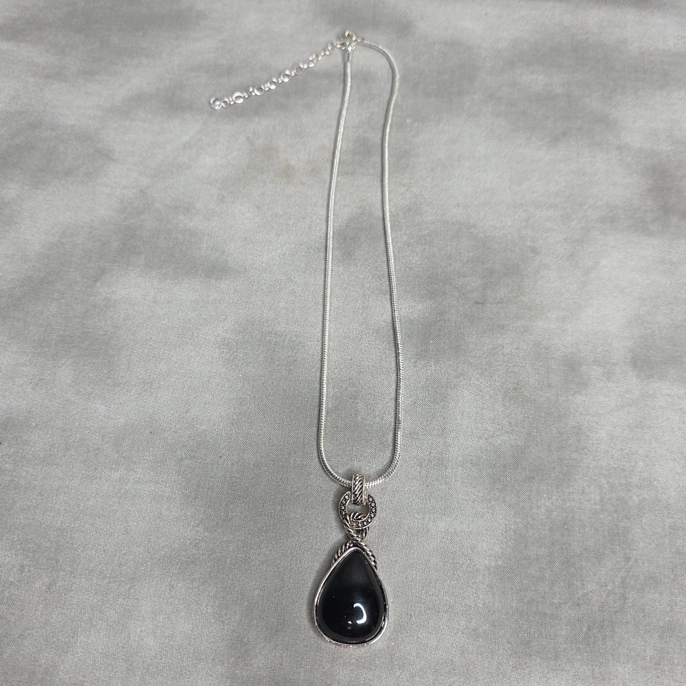 Napier Teardrop Pendant Necklace 18" Silver Tone Black Stone